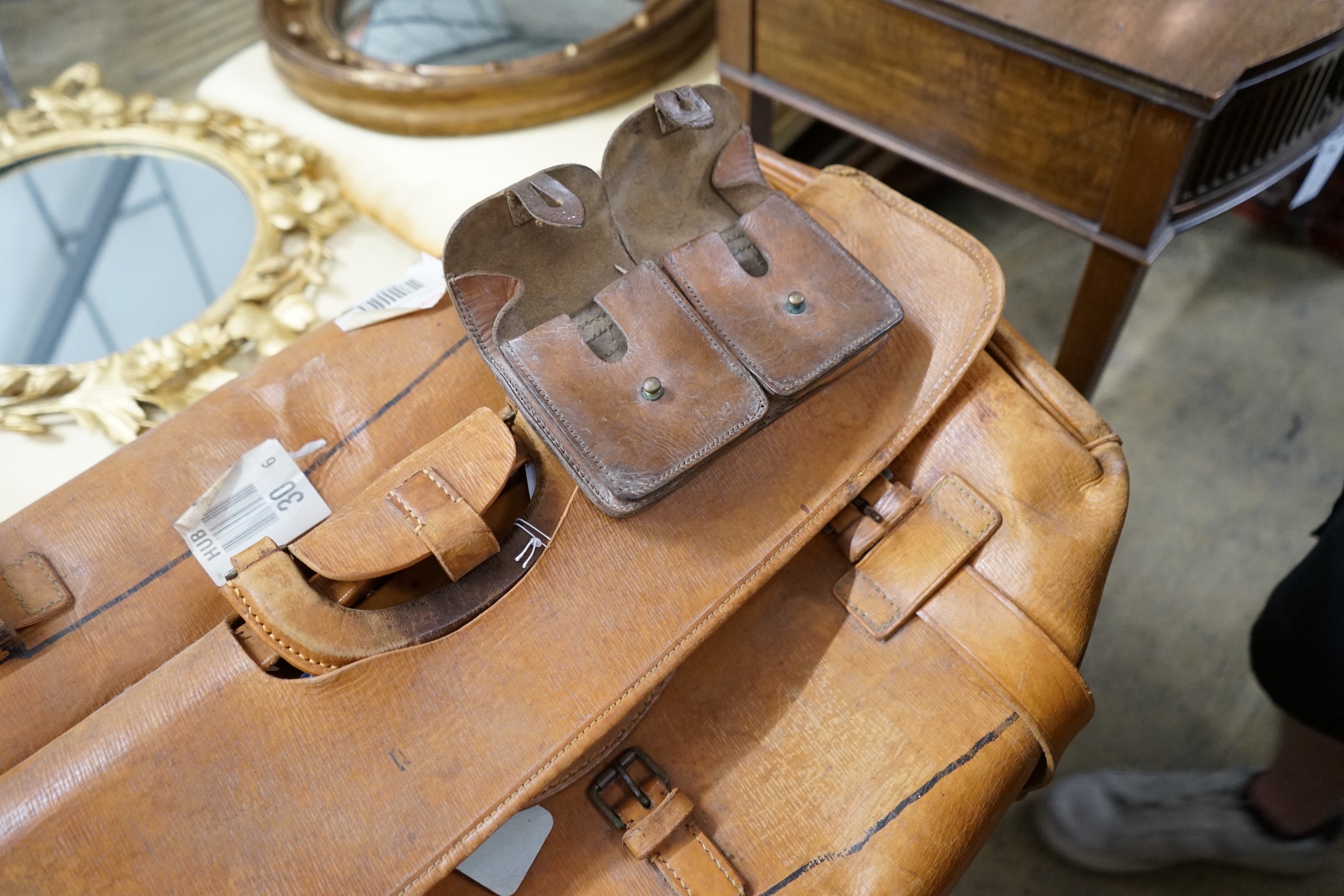 A large vintage tan leather Gladstone bag with Harrod's retail label, width 68cm, height 30cm